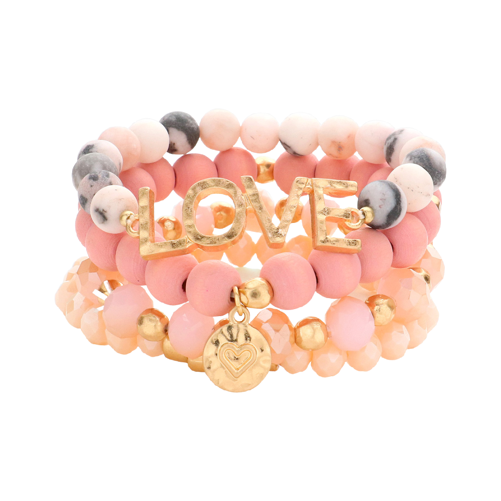 "Love" Pink Zebra Jasper Bracelet Set