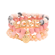 "Love" Pink Zebra Jasper Bracelet Set